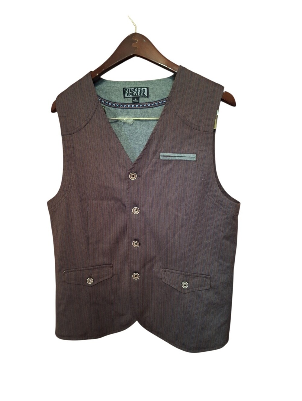 Trash Nouveau Button-Up Brown + Gray Waistcoat Vest Men's Buckle Tweed Preppy